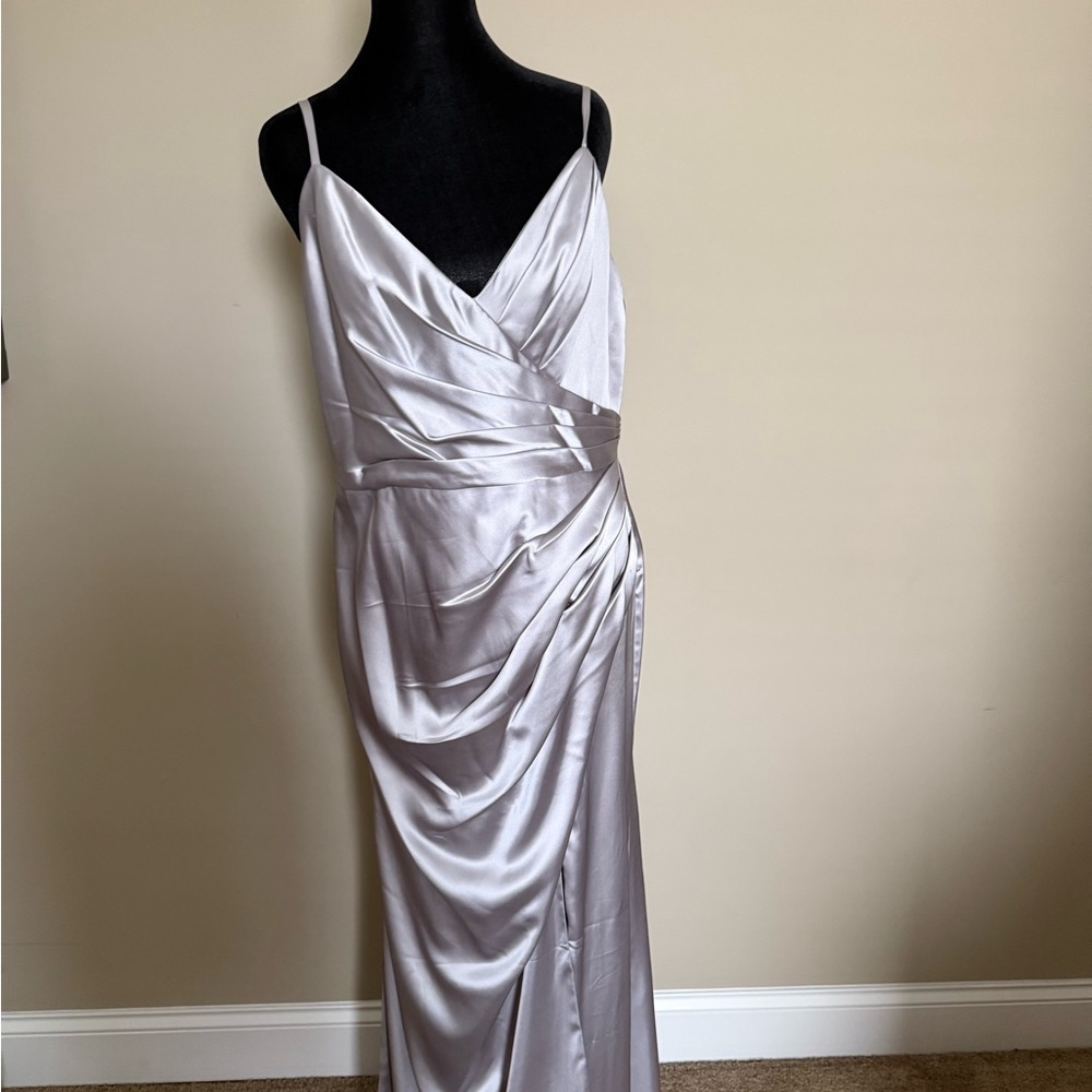 Mac Duggal Silver Asymmetrical Wrap Gown